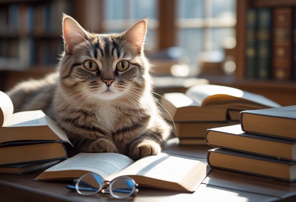tabby cat and books