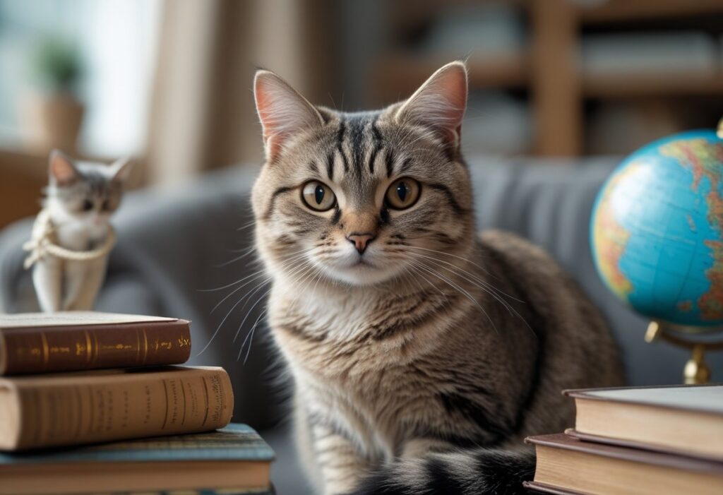 tabby cat books and globe