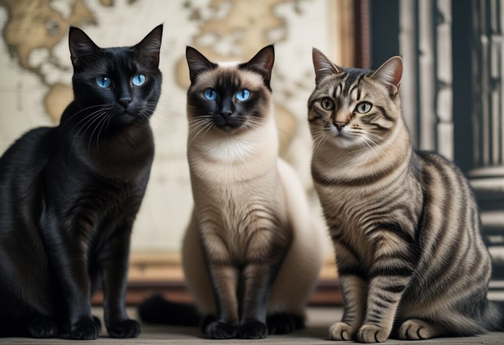 black cat siamese cat and tabby cat with map of the world