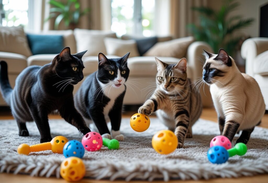 black, tuxedo, tabby and siamese playing