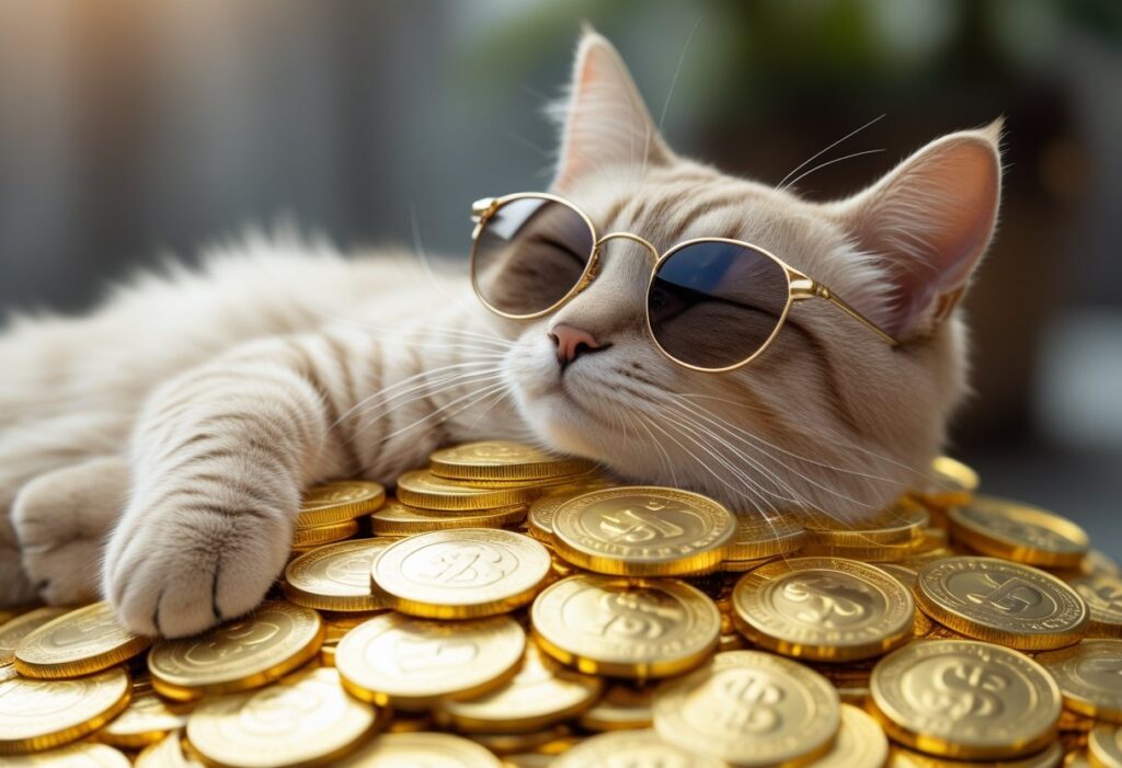 cat over a mountain of gold coins