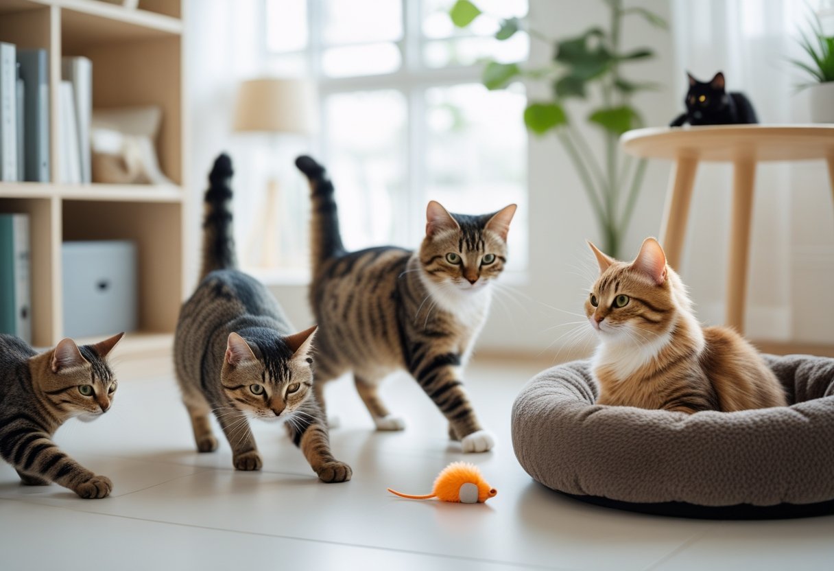 Several cats playing and relaxing in a bright indoor room with modern decor.