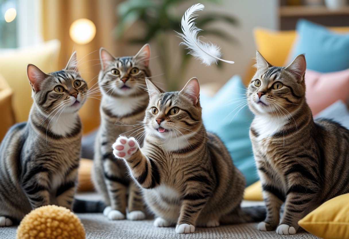 Several cats in a cozy indoor space showing playful and funny expressions and poses.